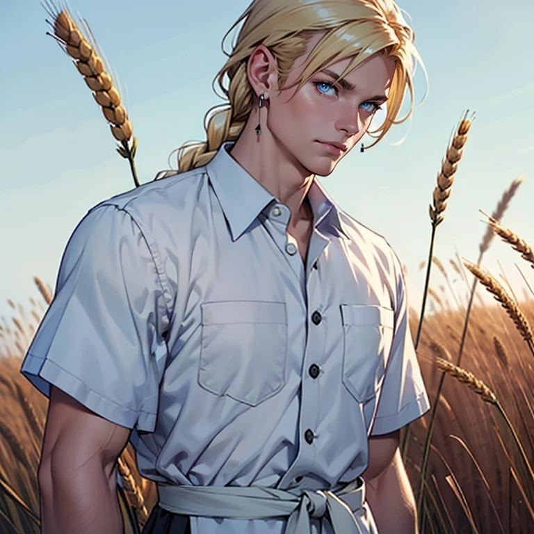 ((masterpiece)), (((best quality))), 1 male, pale white skin, light blonde hair, single thick braid, handsome man, blue eyes, simple earrings, detailed background of a wheat field, white button-down with black apron, detailed face, waist up point-of-view, highest quality, highly detailed, original, high resolution CG Unit 8k wallpaper, (best quality, artwork, masterpiece, 4k)