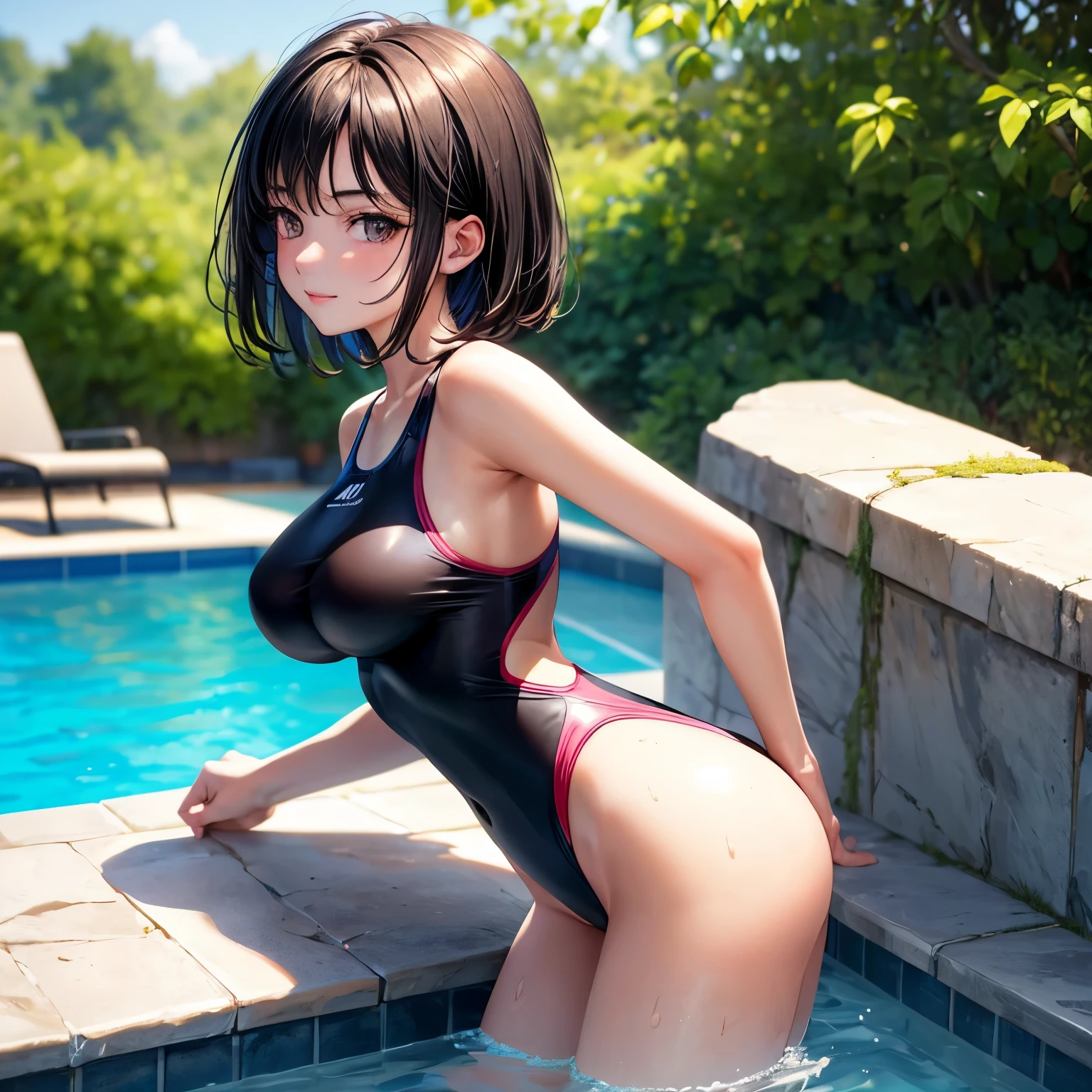 (4K,masterpiece,best quality,ultra detailed),(from behind:1.2),(leaning forward:1.2),looking back,(daylight,bloom),(solo,two female),(beautiful female),(age),(medium hair,beautiful black hair),(beautiful detailed face,beautiful detailed eyes,finely detailed skin),(medium breast,medium hips),(fair skin),slender,light smile,shy,(one piece competition swimsuit),(on pool side),(cameltoe:0.1),realistic,(close up hips),