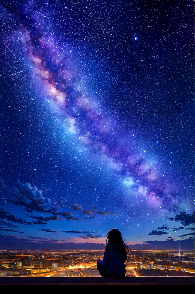 octans, sky, star (sky), scenery, starry sky, night, 1girl, night sky, solo, outdoors, building, cloud, milky way, sitting, tree, long hair, city, silhouette, cityscape