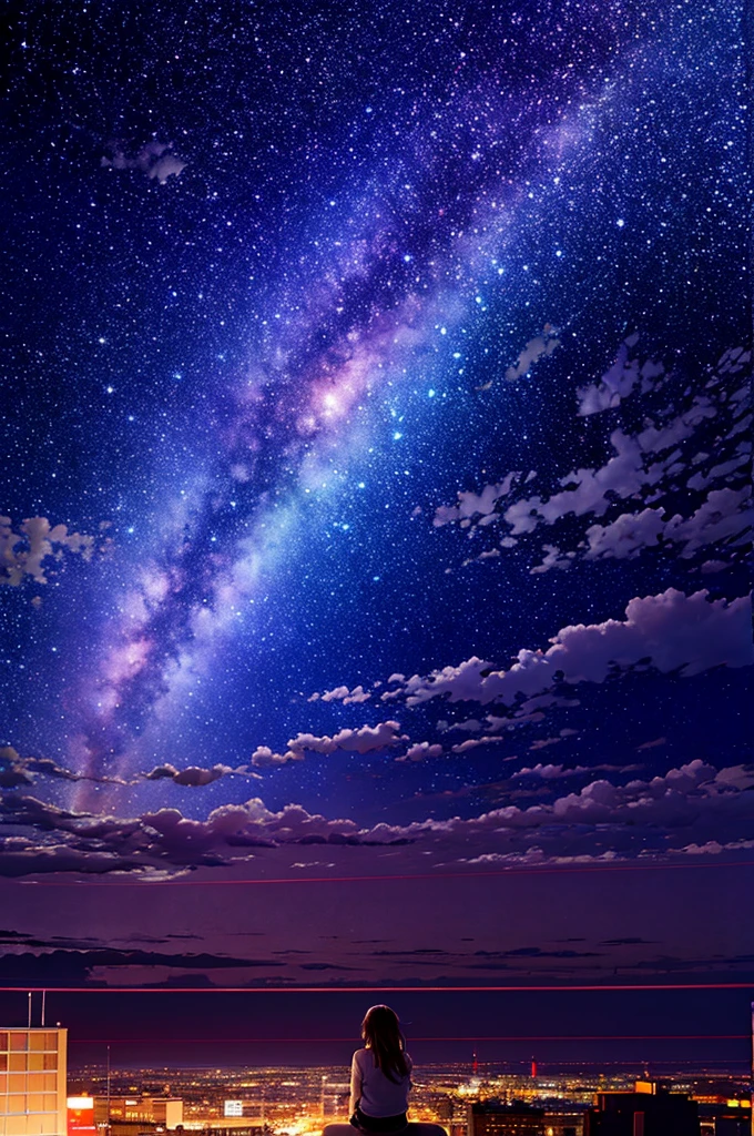octans, sky, star (sky), scenery, starry sky, night, 1girl, night sky, solo, outdoors, building, cloud, milky way, sitting, tree, long hair, city, silhouette, cityscape