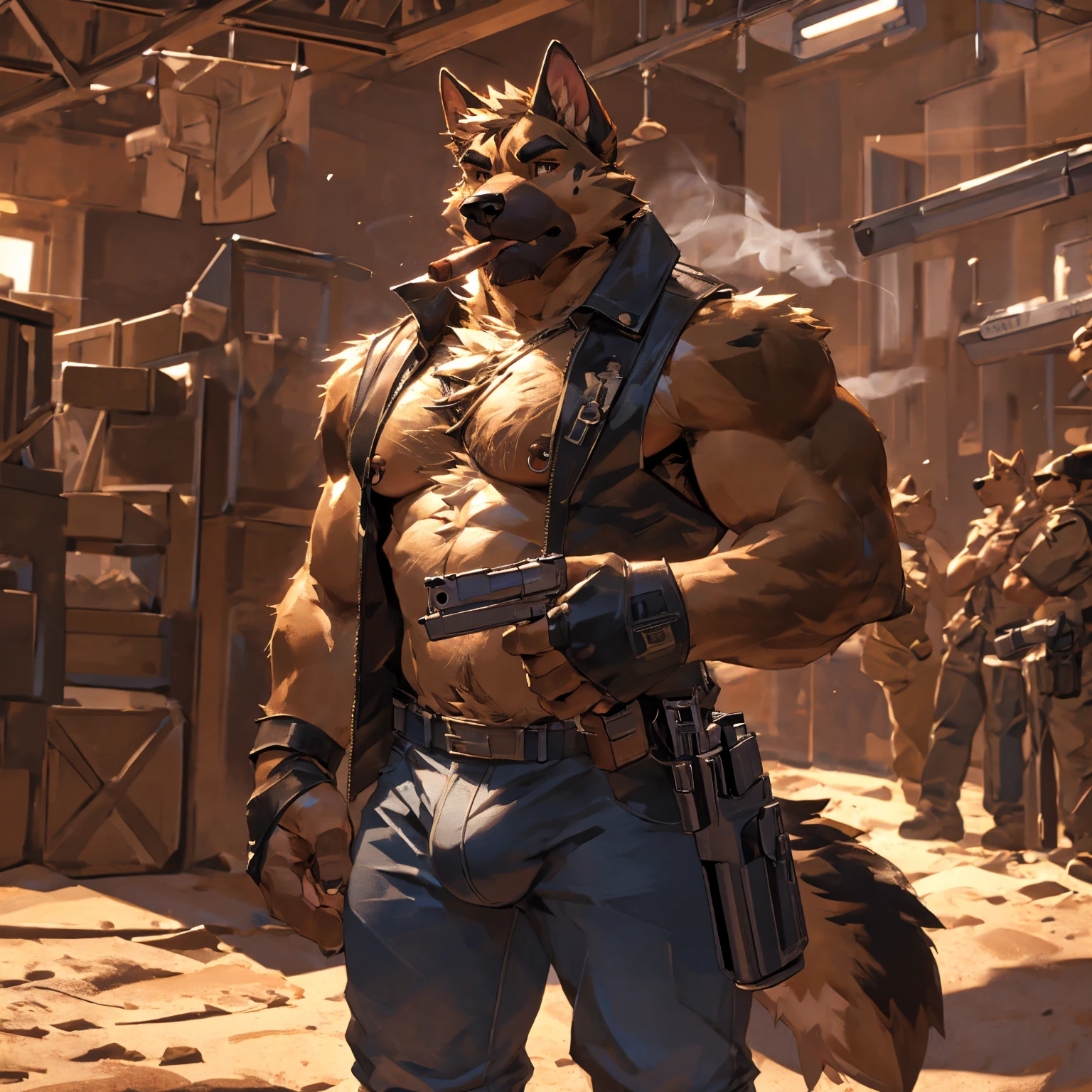 Solo, male, medium muscular, german shepherd, dog, biker, hairy chest, furry chest hair, shirtless, leather vest, blue jeans, leather chest harness, gun holster, gun, leather fingerless gloves, combat boots, boots, cigar, cigar in mouth, nipple piercing ((focus body, furry focus, shades focus, body shades)) nice body, standing, holding gun, holding a large caliber pistol, desert eagle, .50 handgun, aiming gun, armpit, armpit hair, bulge, nsfw, model, light, shades, 4k, high quality ((( gun range background, inside))), by darkgem, by mystikfox61