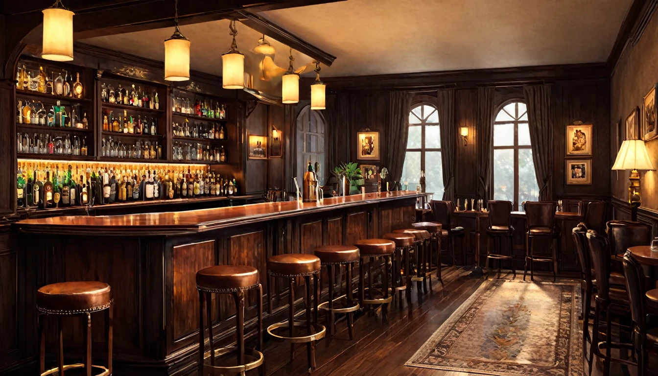 Create a digital illustration of a classic and sophisticated bar interior. The bar features a warm and inviting atmosphere with ambient lighting from lamps and candles. The bar counter is made of rich, dark wood, and is accompanied by leather-upholstered high chairs. Antique-style tables and chairs are arranged around the room, and vintage posters and art decorate the walls. Potted plants add a touch of nature. The setting includes a friendly bartender mixing cocktails behind the counter and low, smooth jazz music playing in the background.