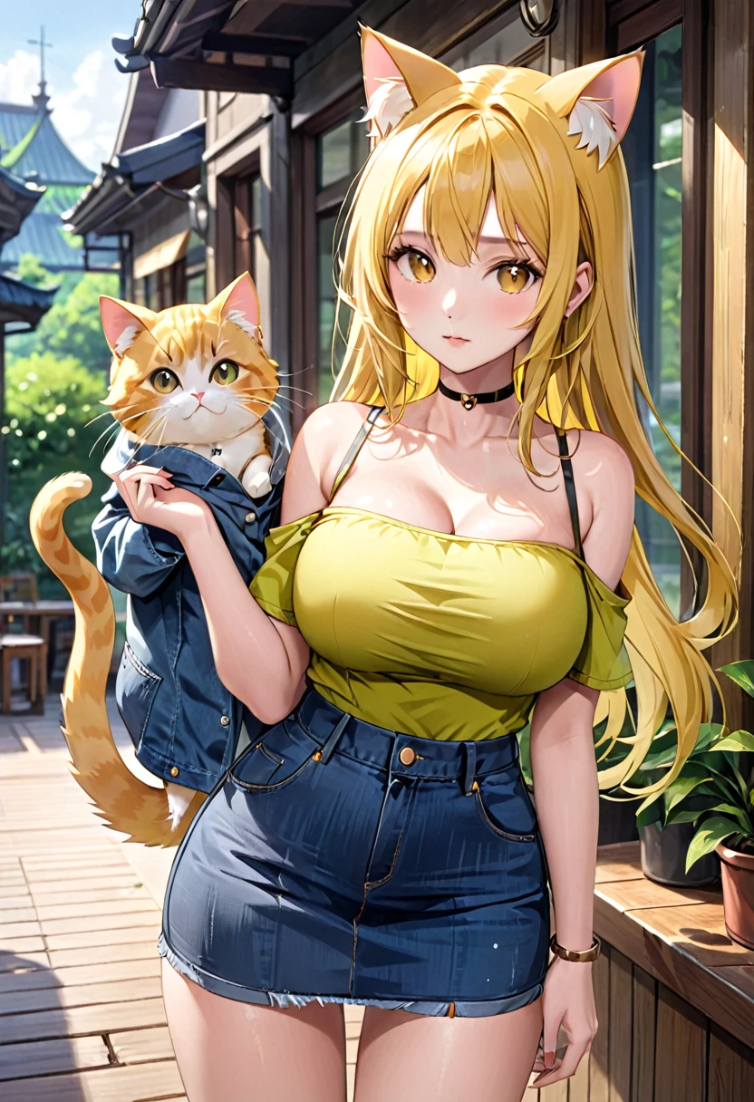 ( straight face picture )) ((best quality)), ((Masterpiece)), (details), Young woman ,cat ears ,yellow hair , beautiful girl hair , according to green ,Yellow open-shoulder shirt outfit , jeans skirt , has a tail, big breasts,