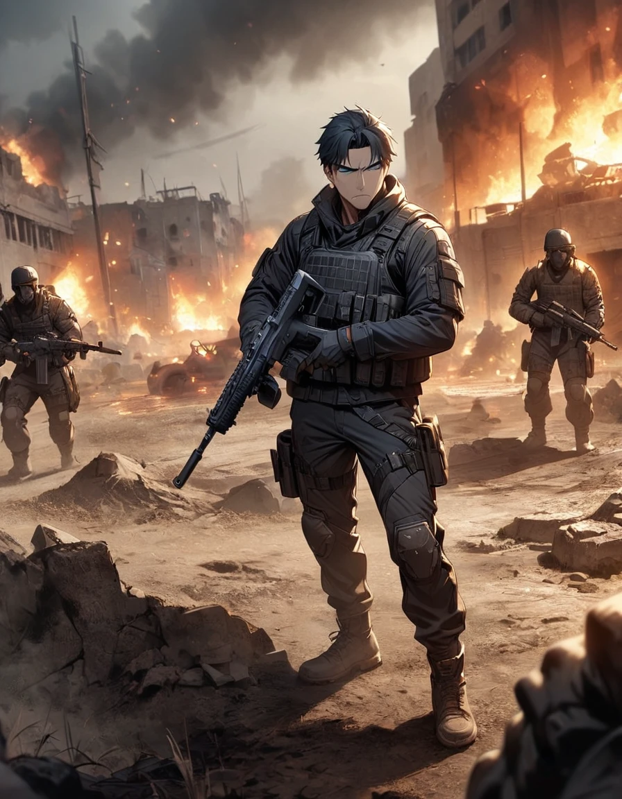 Masterpiece, best quality, 1 man, 30 year old man, focus man, alone, alone focus, black hair, Turquoise eyes, black bulletproof vest, Mercenaries, (holding an assault rifle), Standing position, Standing shooting position, Battlefield backdrop, War zone, serious, solemn face, Dangerous atmosphere.