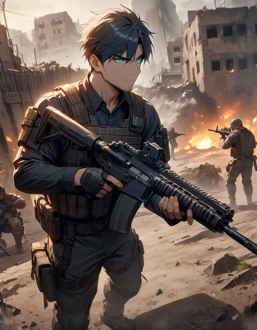 Masterpiece, best quality, 1 man, 30 year old man, focus man, alone, alone focus, black hair, Turquoise eyes, black bulletproof vest, Mercenaries, (holding an assault rifle), Standing position, Standing shooting position, Battlefield backdrop, War zone, serious, solemn face, Dangerous atmosphere.