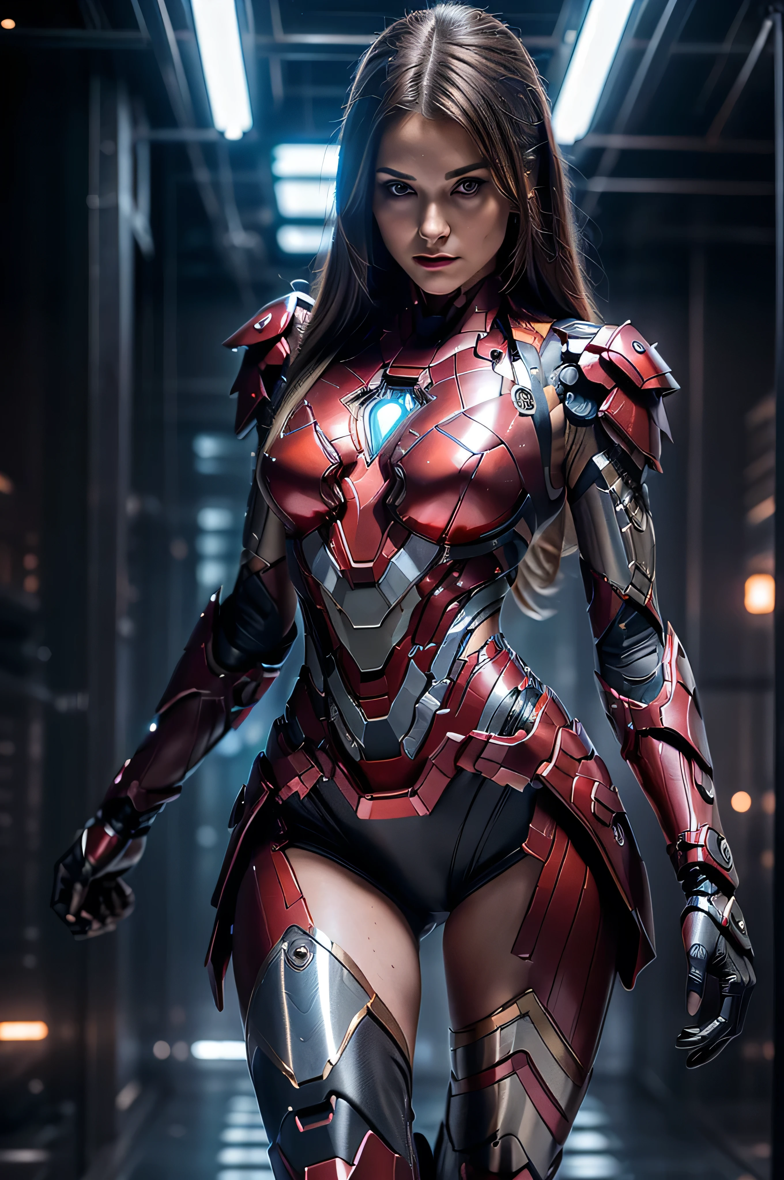 ((masterpiece, 8K, 3D, Realistic, Super Detail)), (1girl:1.3), slender 16 age, Ultra Micro photography, Melissa Benoist Super realistic, Perfect face, 16K resolution, 4k resolution, The photo was taken from the Front, facing to the photographer, Foreground photo, dynamic lighting, posing on a pedestal, high-definition resolution, Beautiful features, ((Perfect female Model Slim body)) Beautiful features, Standing pose, ((small hip)), (((2 piece Hotpants-Bikini))), Sci-fi futuristic, ((Iron man armor)) ((bionic Fragmented Super Girl chest armor suit)), ((Exposed slim thighs)), wear mesh metal-stockings, ((slim thighs)), ((bionic Slim thighs Spider man armor)), Front Full body Shot, full body portrait, perfect legs, Iron Man shoes, futuristic city background