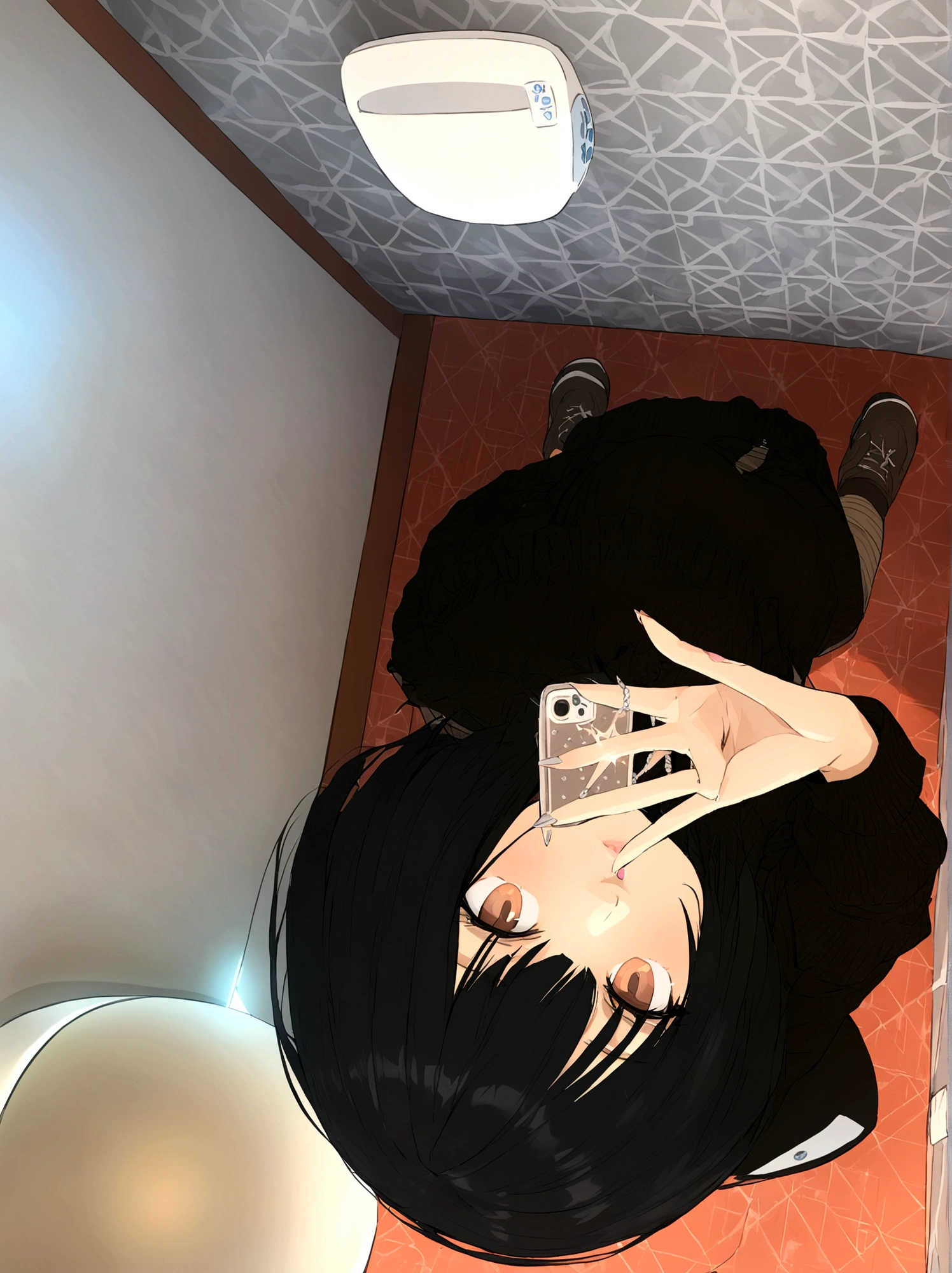 ((((Best Quality, 8K, 32K, masterpiece, 1.2)))),{{solo}},nsfw,{{{Artist: GirlfriendMix's style}}},((perfect beautiful face:1.2)), mirror, mirror selfie pose, squatting, spreading legs, reflection in mirror, nsfw, put glass bowl on floor in front of her, peeing to glass bowl, leaking pee from pussy, humid from pee, nsfw, half-exposed high quality of vagina, ((a lot of public hairs:1.4)), embarrassed,