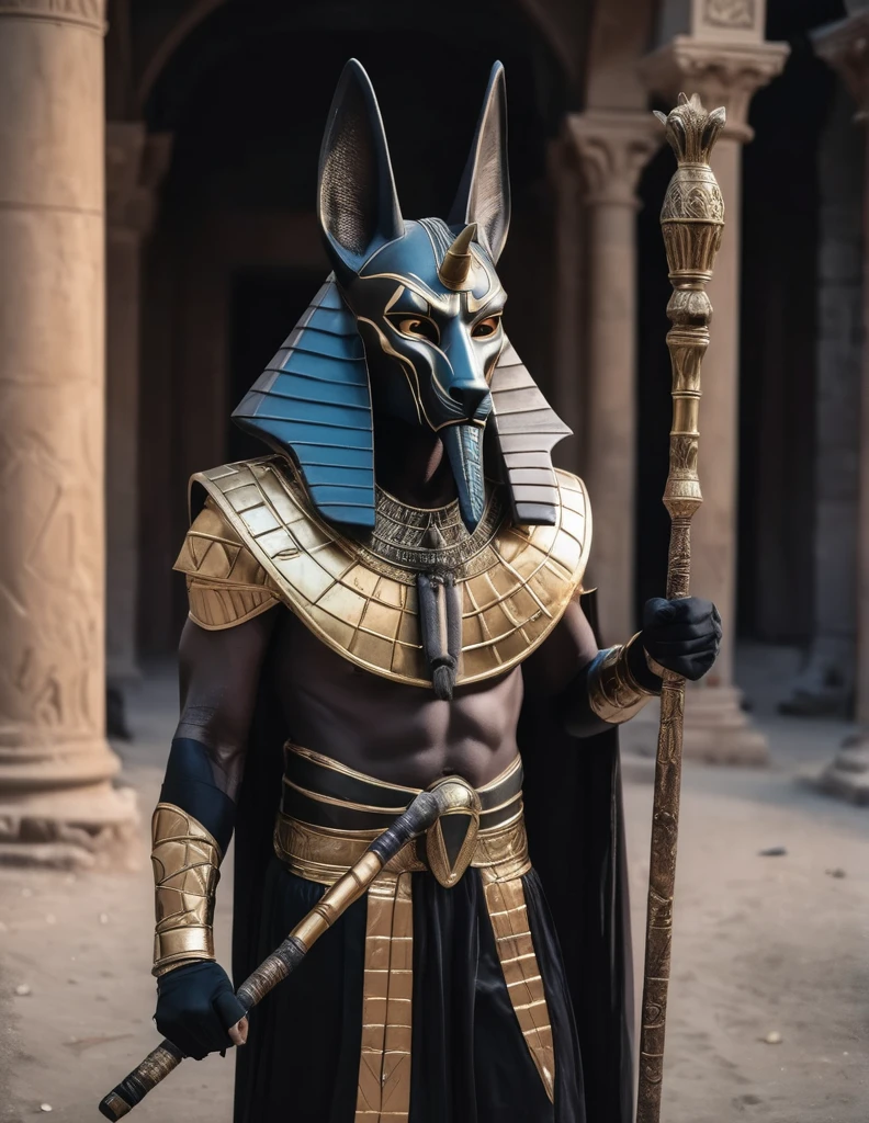 a man dressed as anubis realistic halloween costume design, intimidating psychopathic man, anubis mask, dark energy, black costume, holding a staff , highly detailed, cinematic lighting, dramatic atmosphere, photorealistic, 8K, masterpiece