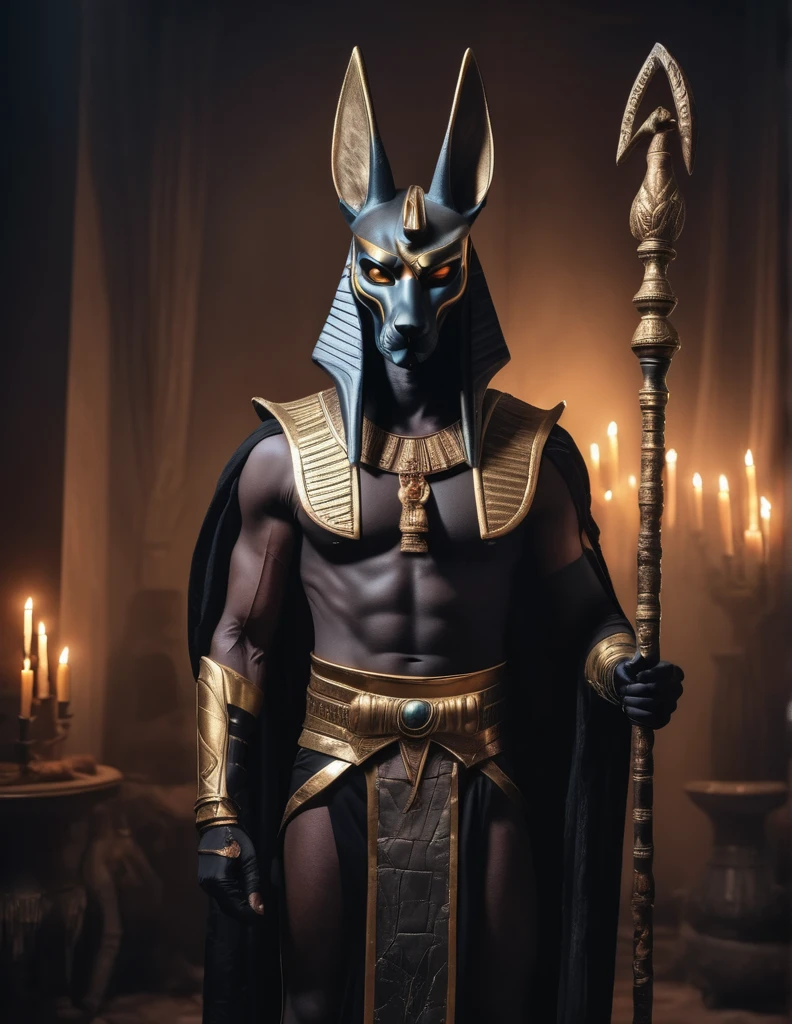 a man dressed as anubis realistic halloween costume design, intimidating psychopathic man, anubis mask, dark energy, black costume, holding a staff , highly detailed, cinematic lighting, dramatic atmosphere, photorealistic, 8K, masterpiece