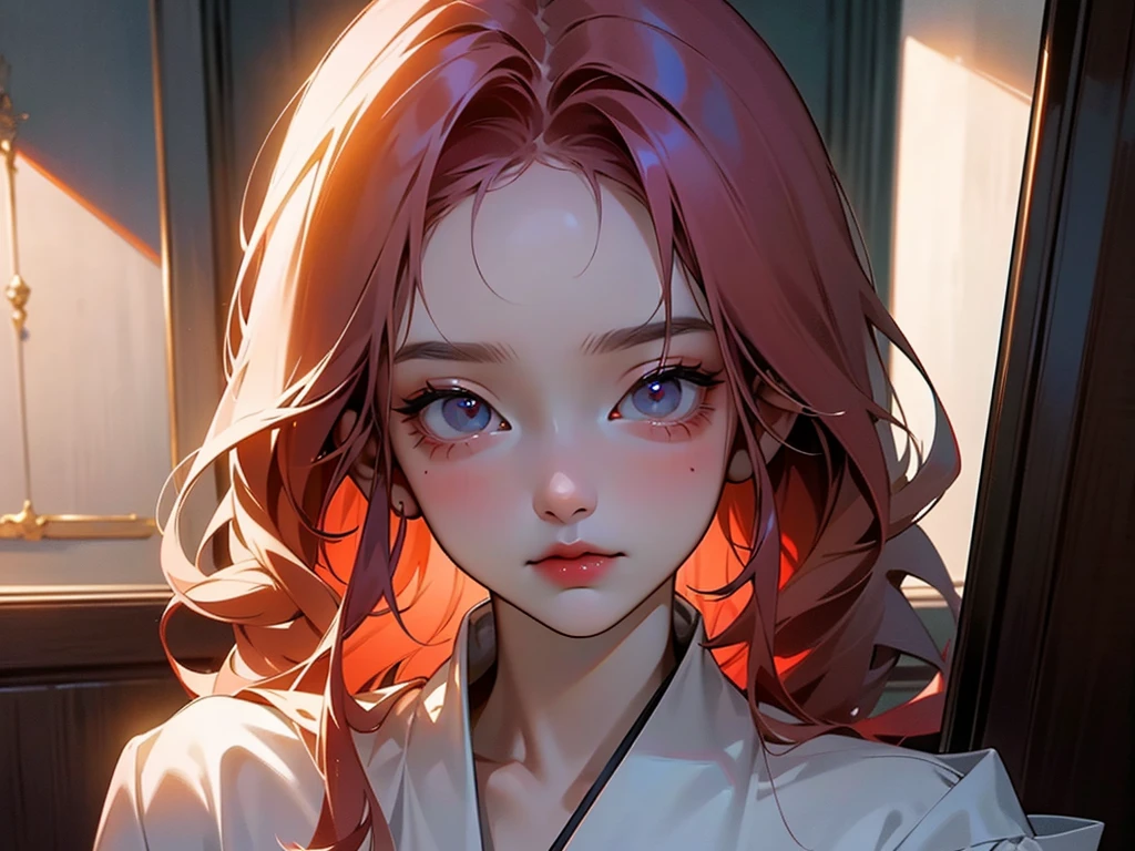 Portrait of a beautiful 18-year-old petit , redhead, gorgeous Chinese, in cotton panties, at the door, (dark private office, dark and melancholy light: 1.2)
