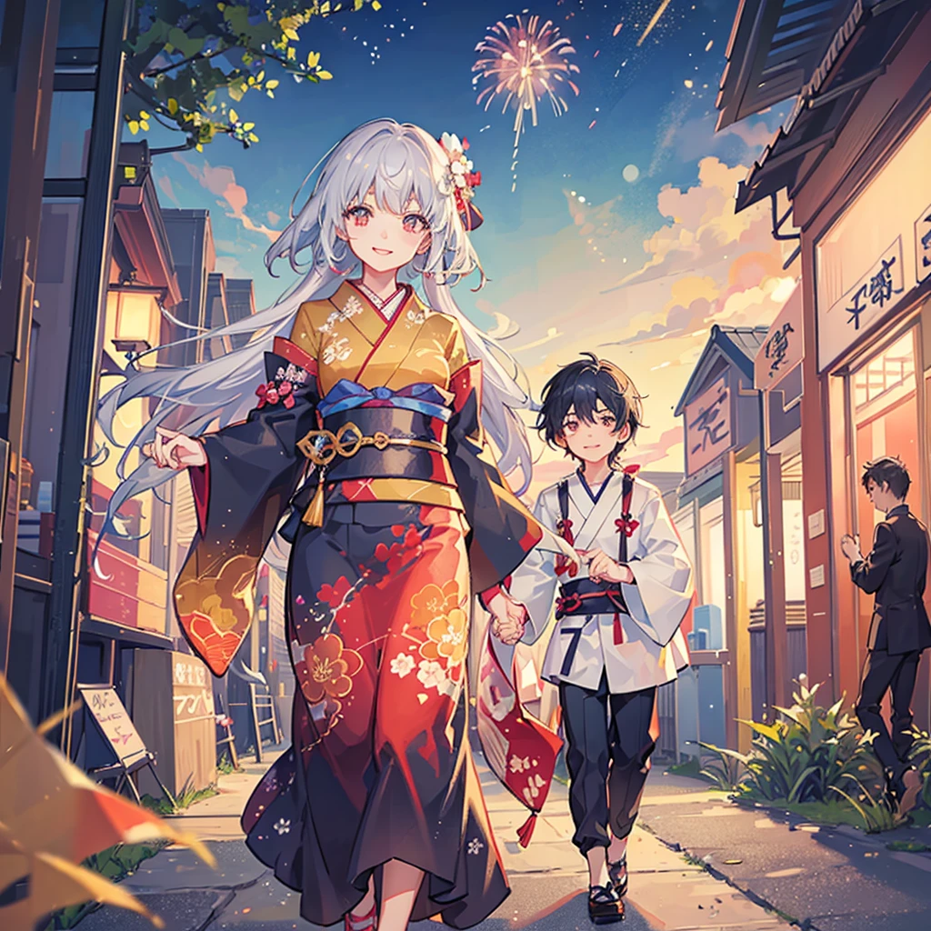 Couple,(Boy 1:Girl 1)Lovely,smile,smile,romantic,atmosphere,landscape,The girl is wearing a kimono,Holding hands,Beautiful fireworks in the night sky,Lots of fireworks,summer祭り,summer,Festivals,youth,Heart-pounding