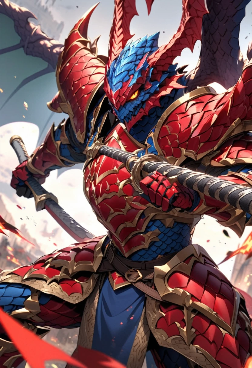 extremely detailed human warrior wearing red and blue plate armor made of scales wielding a greataxe made of the same red and blue scales with crescent shaped dragon wings behind him