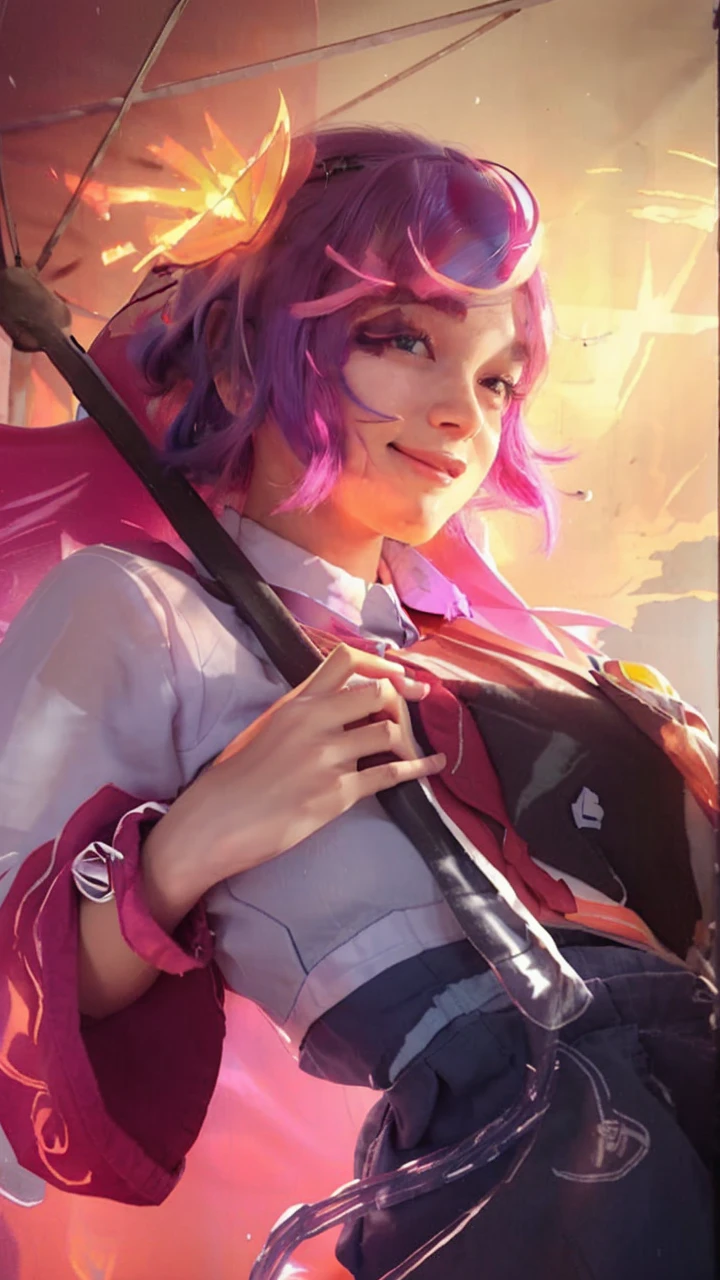 1 woman, , (updo, blue and pink hair), plump body, red eyes, Indonesian high-school uniform, (white transparent shirt), osis logo on shirt pocket, big breasts, light-grey pleated skirt, sitting on a chair, seductive pose, full body shot, smiling, in the classroom.