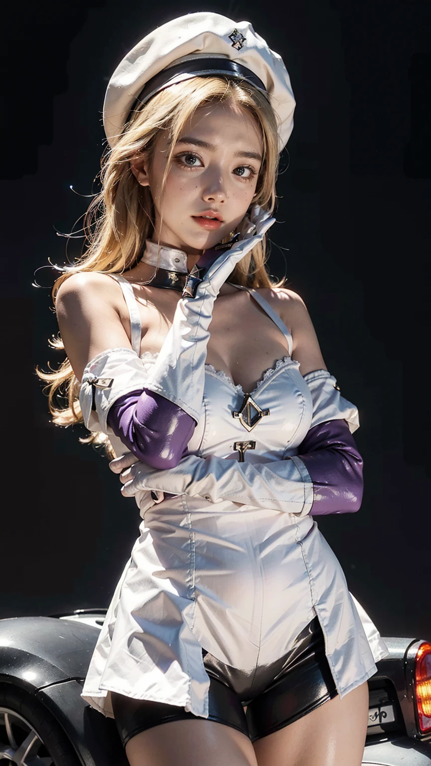 z23,, textured skin, 8k, beautiful detailed eyes, cinematic lighting, beautiful detailed face, ultra-detailed, world masterpiece theater, cinematic lighting,, 1girl, solo, blonde hair, purple eyes, hair bow, white shirt, beret, bare shoulders, gloves, iron cross, bike shorts, :d, armband, white gloves, cowboy shot,