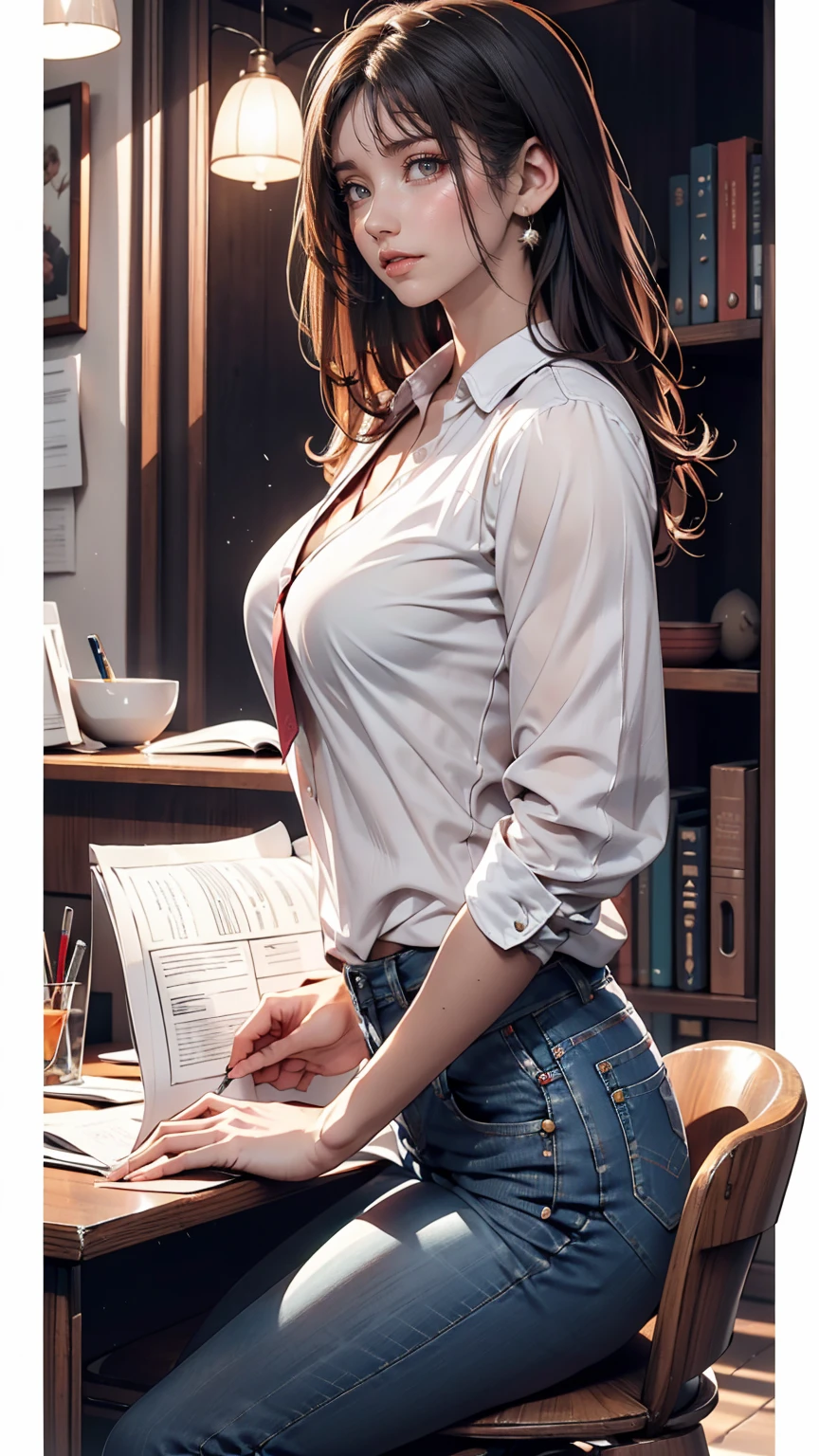 Detailed character sheet, Front view, Side view, Oblique view, with a white returnground, show women, 30 years old, with short dark brown hair combed return, Light casual clothing, Wearing tight denim jeans. The seat includes different angles, Front desk etc.., return, and Side views, Model and Reference Sheets, Full body painting. The ratio is based on 7.5 Head Scale.