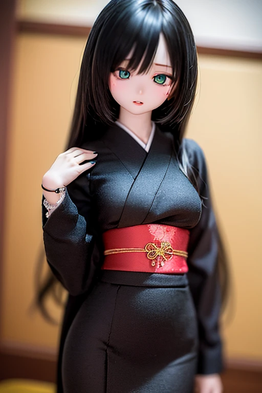 (SFW:2), photorealistic, realistic photo, 8k, ((highest quality)), ((masterpiece)), ((extremely detailed)), kukolnydom, doll, (mature woman, 20yo, 20 years old:1.6), solo, ((cowboy shot, standing, skinny, slender, slim, black kimono, obi, obidome, hair ornament)), green eyes, parted lips, (black hair, long hair, looking at another, blank eyes, empty eyes, detailed eyes, detailed clothes:1.3), Japanese garden