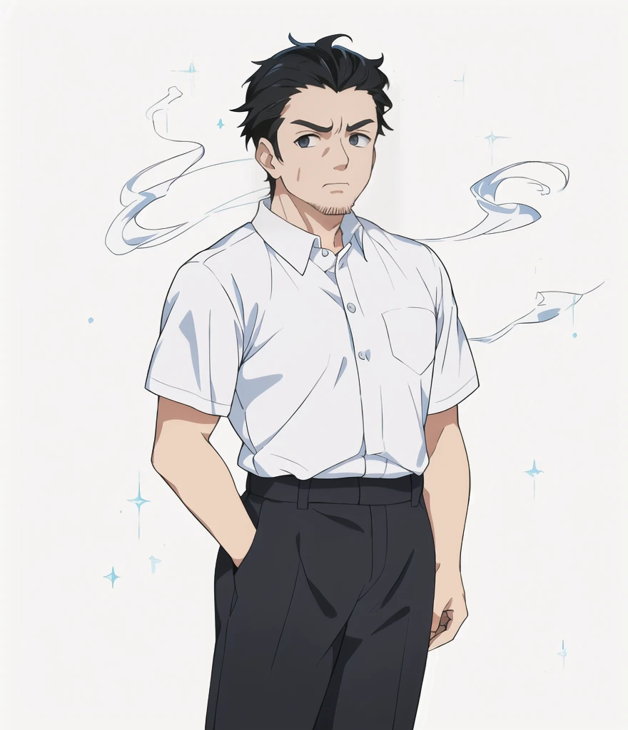 Highest quality, high resolution, High quality anime art style, Official Art, Smooth anime CG art, Stylized anime, Visual Novel Sprites, White background, whole body, Anime-style 3D, Smooth anime CG art, Humanoid middle-aged man, criminal, A man wearing a white shirt and grey trousers, Tough-faced man, Deeply carved face, Long face, Nasolabial folds, Holding a cigarette, Black Hair, Crew cut, Slanted Eyes, Slightly open eyes, 50 years old,
