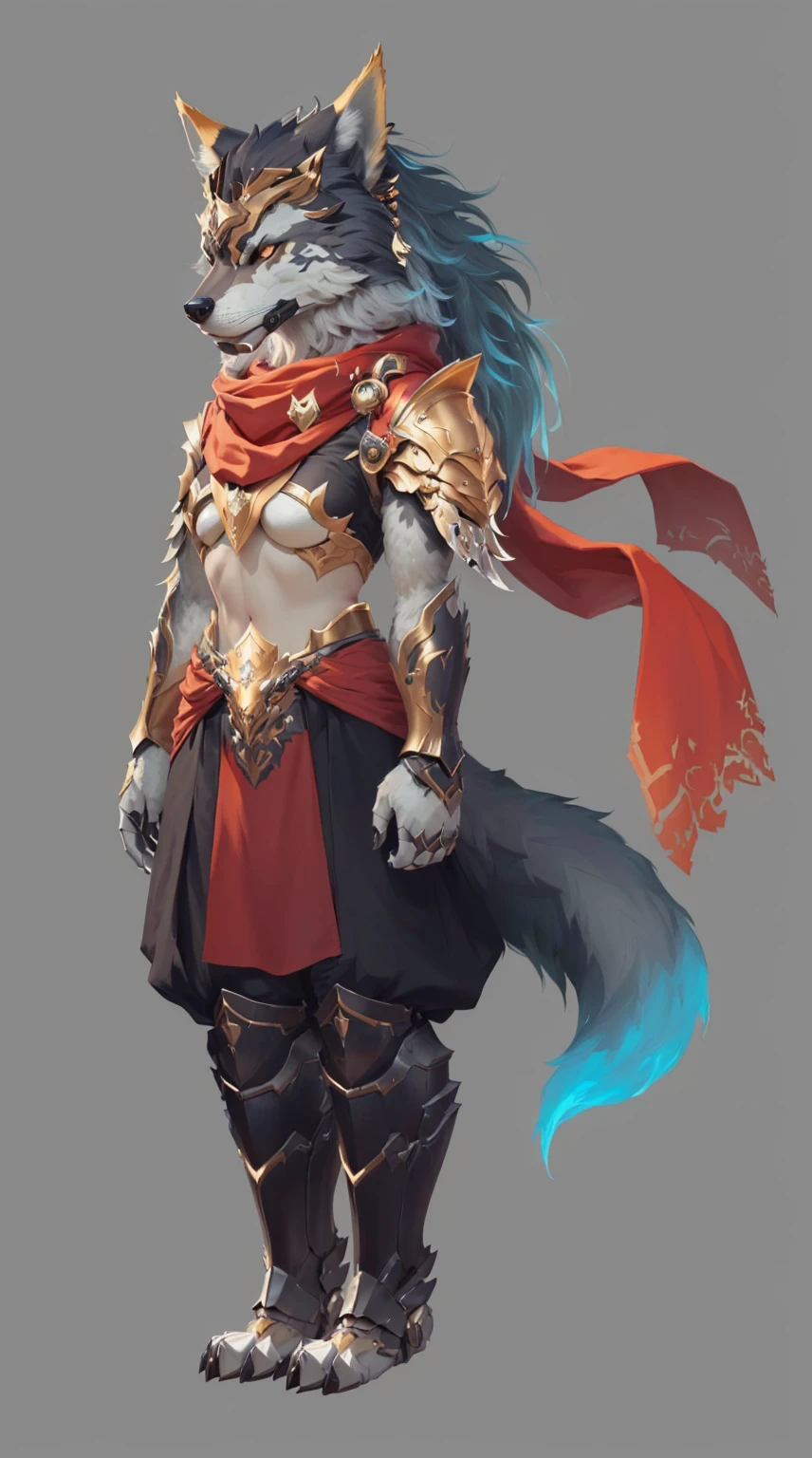 Close-up of a person wearing a costume with a wolf, Fox-inspired armor, detailed Whole body concept, Whole body concept, Female anthropomorphic wolf, detailed Whole body concept art, Anthropomorphic wolf man, Anthropology Concept Art, Concept art style, Wolf Armor, Full body character concept, Furry Characters, Detailed character art
