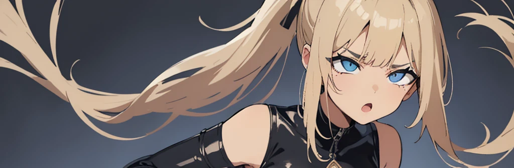 Sleeveless、'No sleeve'恥ずかしい、Embarrassed、Only the face、Face Up、1 person、No sleeve、Ahegao、ponytail、blonde、amount、Blue Leather Shirt、Sara、No sleeve、best quality, super fine illustration,(((beautiful fine hair))),(((beautiful fine face))),(((beautiful fine background))),blue-black leather pants, silver zipper,belt below the waist,super fine illustration,(((beautiful fine hair))),(((beautiful fine face))),(((beautiful fine background))),normal small size,bangs bangs ,(((beautiful fine hair))),(((beautiful fine face))),(((beautiful fine background))),blond hair , showing forehead, silver center zipper, leather blue black bodysuit, sleevelesblue blacks, shiny, blonde ponytail