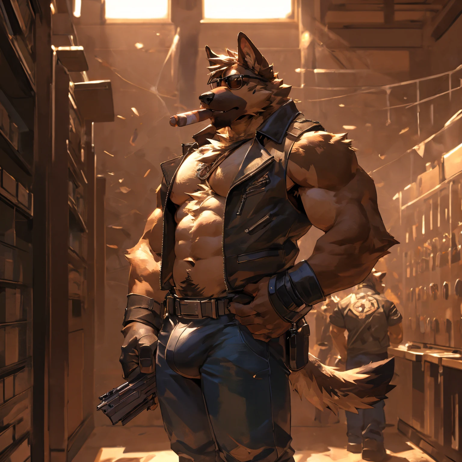 Solo, male, medium muscular, german shepherd, dog, biker, hairy chest, furry chest hair, shirtless, leather vest, blue jeans, leather chest harness, gun holster, gun, leather fingerless gloves, combat boots, boots, cigar, cigar in mouth, nipple piercing ((focus body, furry focus, shades focus, body shades)) nice body, standing, holding gun, holding a large caliber pistol, desert eagle, .50 handgun, aiming gun, armpit, armpit hair, bulge, nsfw, model, light, shades, 4k, high quality ((( gun range background, inside))), by darkgem, by mystikfox61