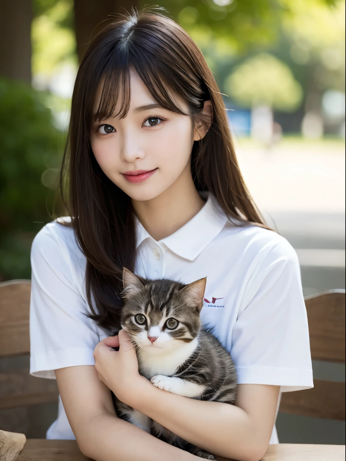 On the table, Highest quality, realism, Fine details, High resolution, 8k wallpaper, Perfect dynamic composition, Beautiful and delicate eyes, Medium Straight Hair, Casual and sexy pose,Random Situation、Holding a kitten、Wearing a polo shirt、(Beautiful breasts overflowing 1.3)、Bright smile、Bokeh、nature、Age 25、(Droopy Eyes 1.3)、Adult Beauty、Japanese
