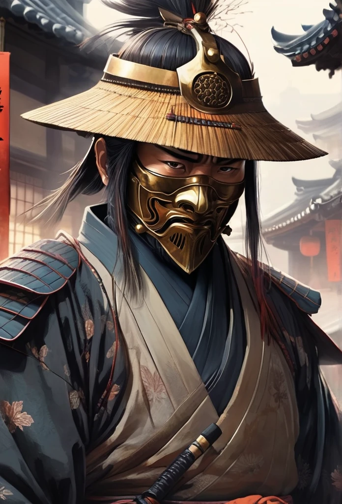 A Japanese warrior ronin with magnificent mask in portrait, the atmosphere is heavy and sad. It's very detailed and in the atmosphere of the old quarter of the time