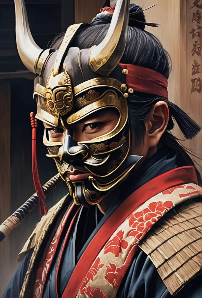 A Japanese warrior ronin with magnificent mask in portrait, the atmosphere is heavy and sad. It's very detailed and in the atmosphere of the old quarter of the time