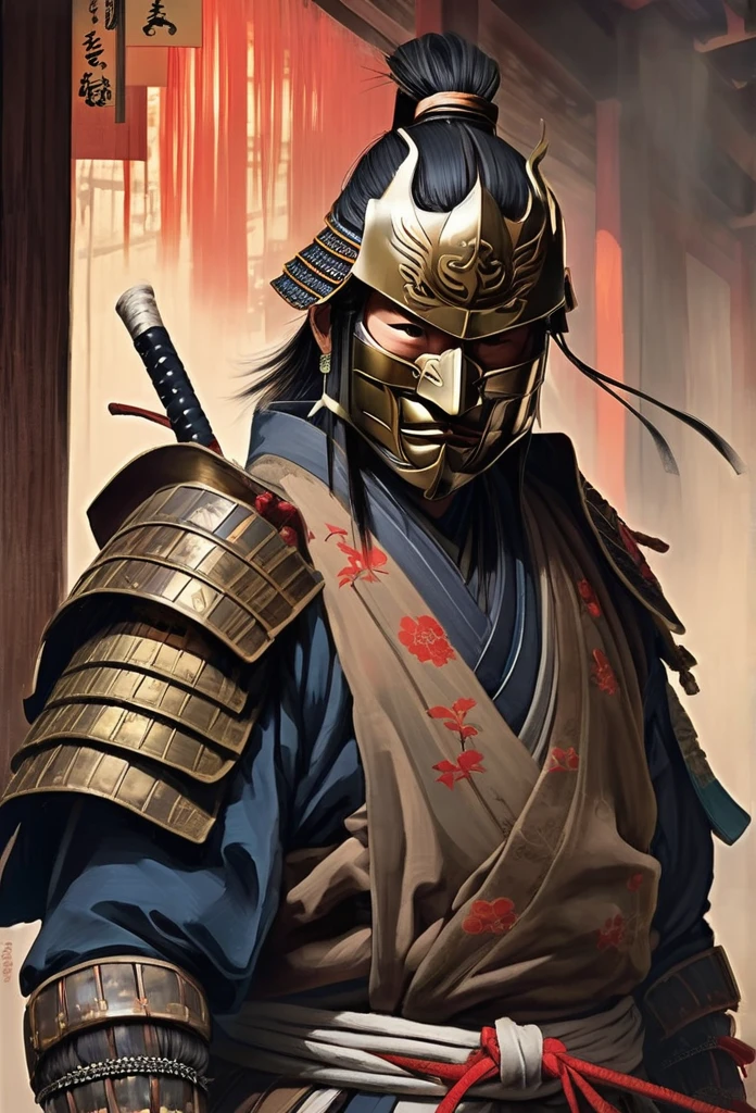 A Japanese warrior ronin with magnificent mask in portrait, the atmosphere is heavy and sad. It's very detailed and in the atmosphere of the old quarter of the time