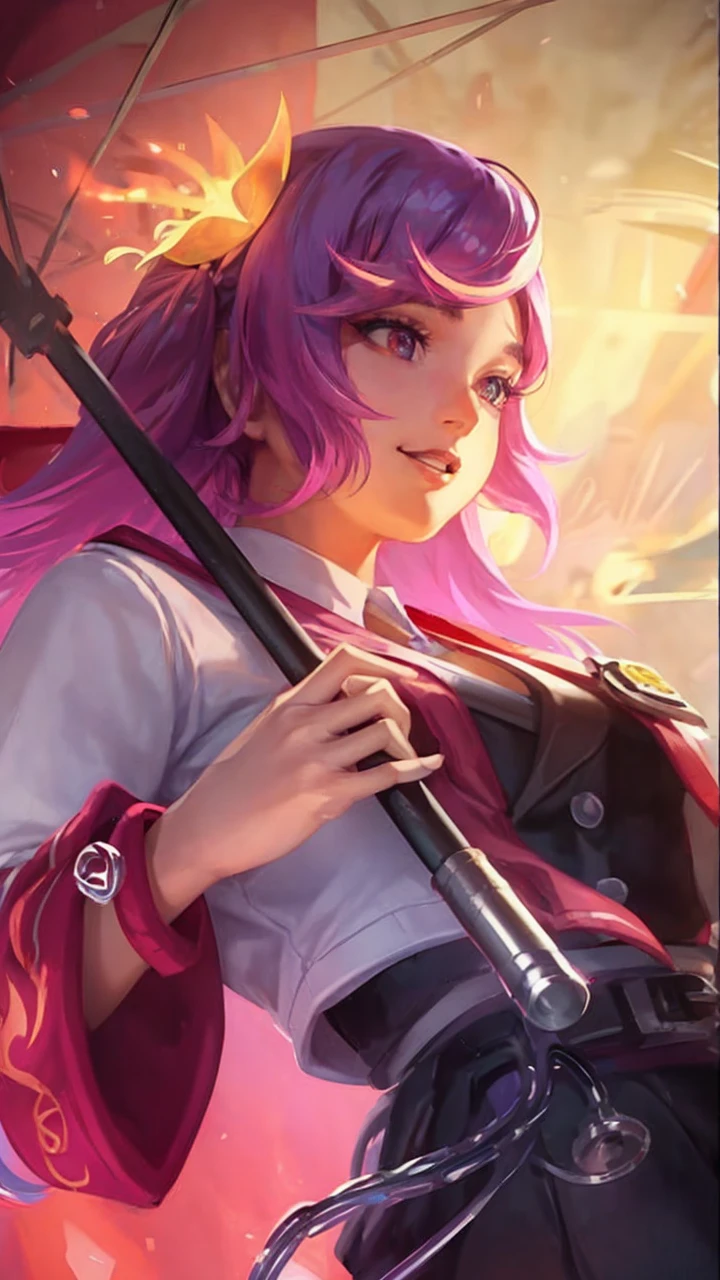 1 woman, 17 years old, (updo, blue and pink hair), plump body, red eyes, Indonesian high-school uniform, (white transparent shirt), osis logo on shirt pocket, big breasts, light-grey pleated skirt, sitting on a chair, seductive pose, full body shot, smiling, in the classroom.