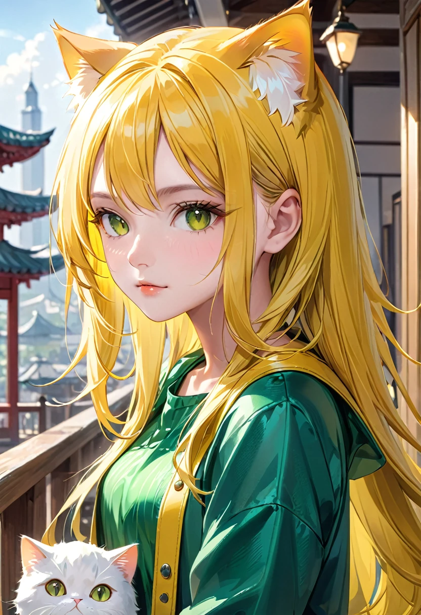 ( straight face picture )) ((best quality)), ((Masterpiece)), (details), Young woman ,cat ears ,yellow hair , beautiful girl hair , according to green , Hot outfit , bright