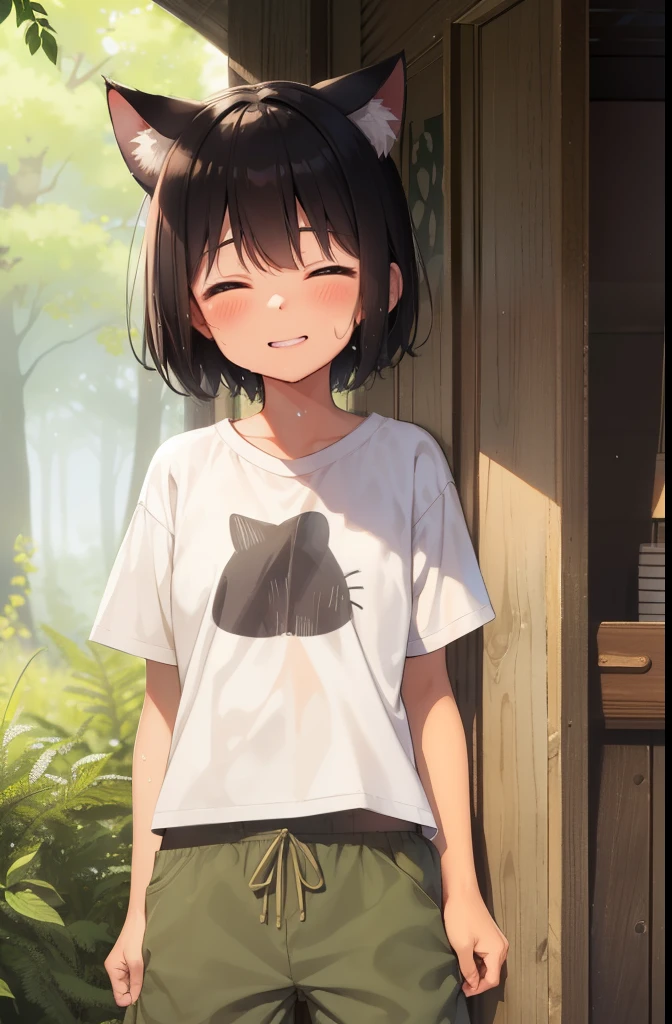 forest,smile,Are standing,close your eyes,1. small ,short hair,Black Hair,blush,White T-shirt,Olive green shorts,Brown Sandals,White skin,summer,From below,shy,Sweat,Please open your mouth wide,Wet,Cat ears,Cat's Tail,PAW Pose,