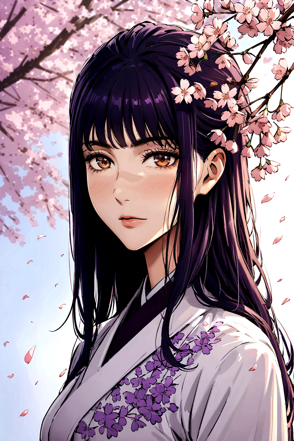 Lady with dark violet hair and brown eyes under cherry blossom 