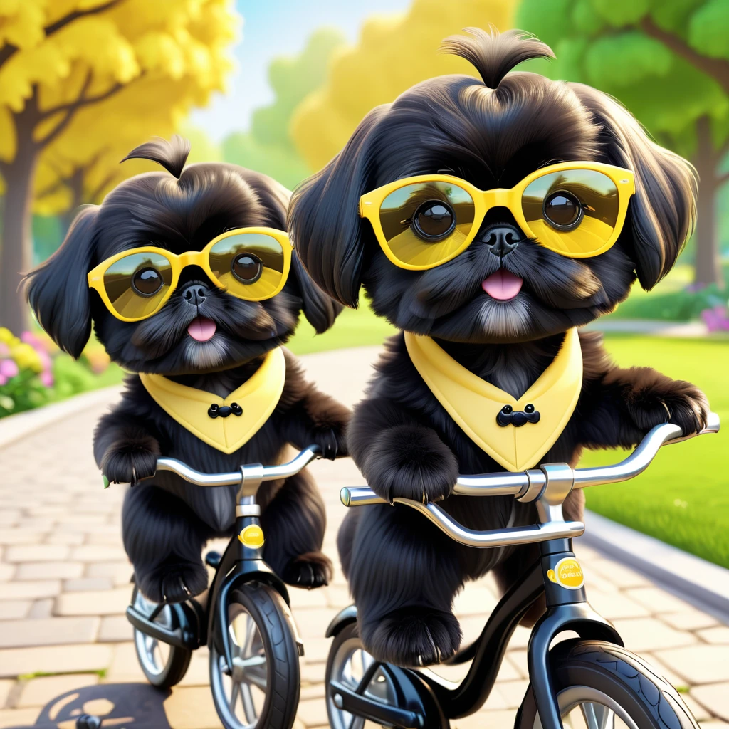 2 Adorable small black Shih Tzu puppies wearing yellow sunglasses riding bicycles park background 3d cartoon 3d render disney pixar style