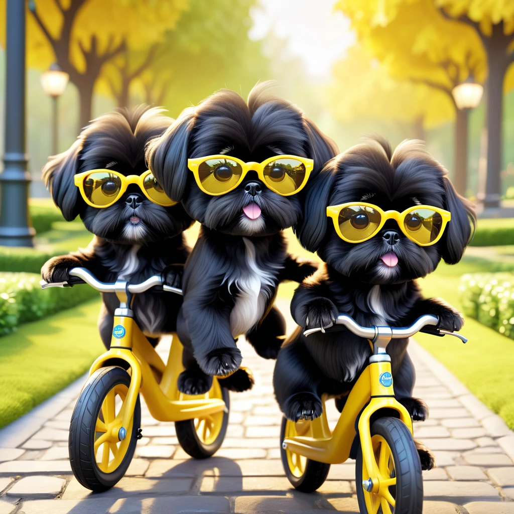 2 Adorable small black Shih Tzu puppies wearing yellow sunglasses riding bicycles park background 3d cartoon 3d render disney pixar style