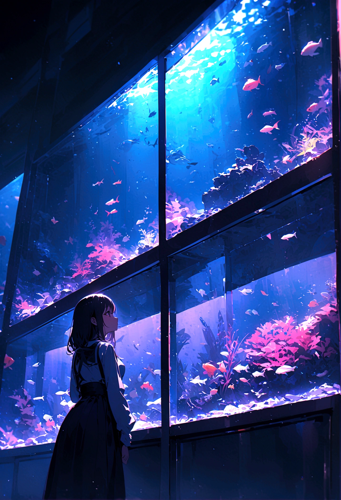 aquarium、A girl standing in front of a huge aquarium、Large single glass aquarium、Dimly lit interior、Quiet atmosphere、Girl looking up at a fish tank、There is a girl in the center、Angle of view from the rear