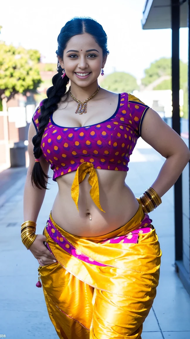 HD wallpaper 32k cinematic shoot of a Beautiful cute girl, with thick thighs and a curvy waist, twin braids,  wearing an Indian blouse top, horny, seductively, in a school corridor, dotted blouse top, smiling, ((long curvy waist)), ((lowwaist)), ((curvy waist))