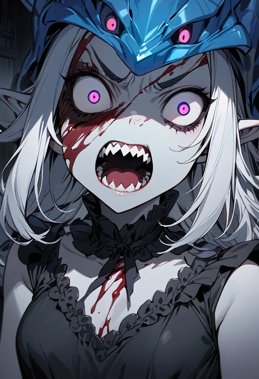((best quality)), ((masterpiece)), (detailed), ((portrait)), 1girl, drow, dark magician girl, black makeup,(black dress), briar, (night),  ((pale skin)), sharp teeth, ((small breasts)), solo, (crazy eyes), white hair, angry, blood, tavern, evil, creepy, frills,