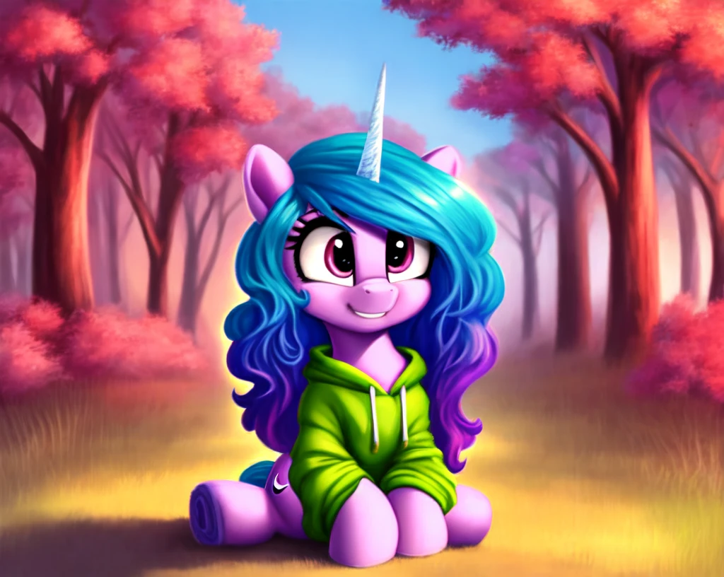 unicorn, Pony, Izzy Moonbow wearing Sweatshirt Nike, brand:1.1, Alone, in the bridlewood, deep in the forest, small petals on the ground, very beautiful, best quality, perfect anatomy, cute, (body skin), Artwork, (digital painting, soft shading,, warm lighting), cute,