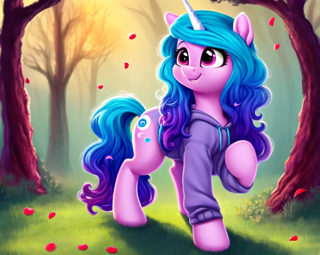 unicorn, Pony, Izzy Moonbow wearing Sweatshirt Nike, brand:1.1, Alone, in the bridlewood, deep in the forest, small petals on the ground, very beautiful, best quality, perfect anatomy, cute, (body skin), Artwork, (digital painting, soft shading,, warm lighting), cute,