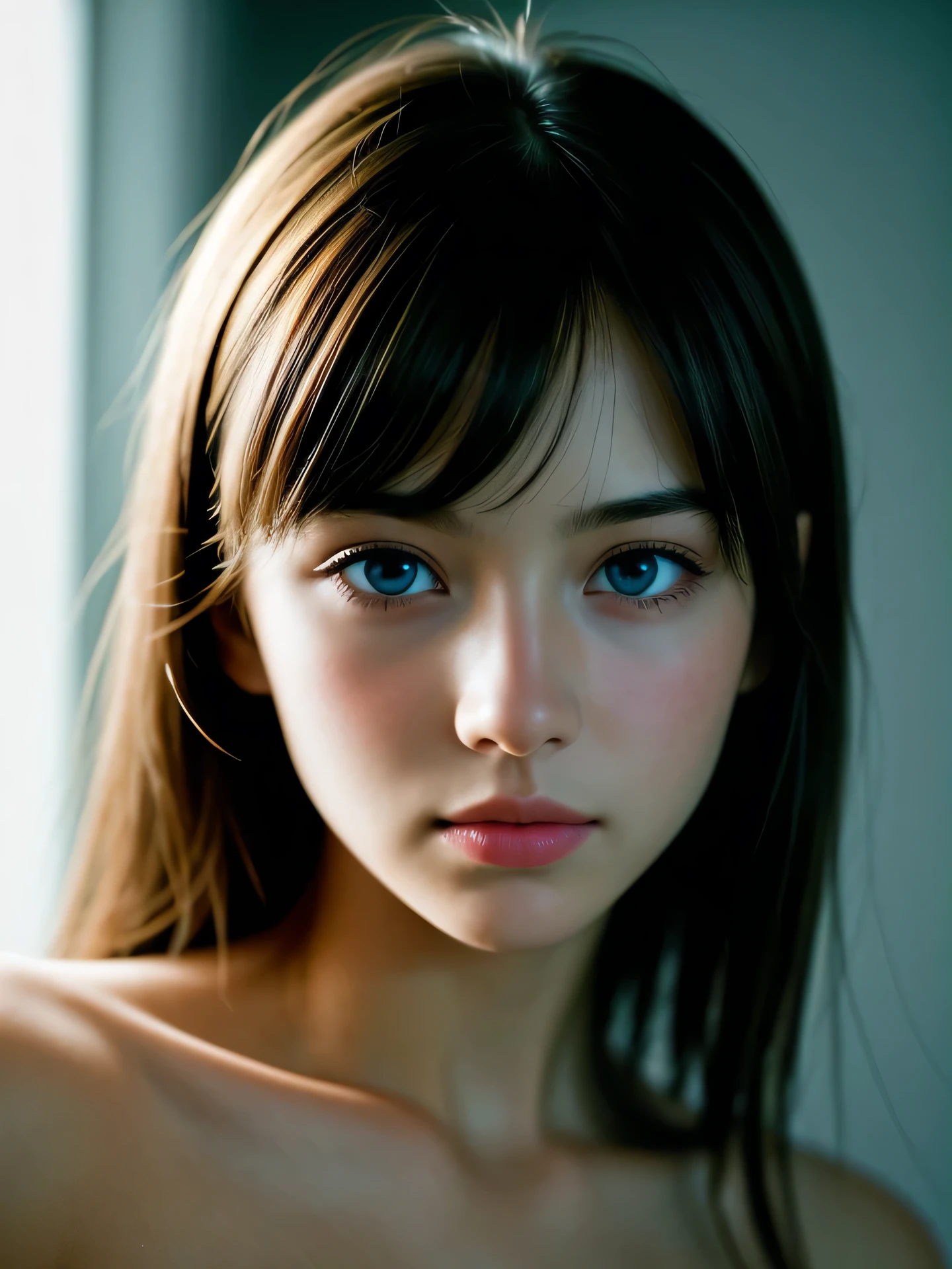 (Photo Real:1.4), (hyper realisitic:1.4), (Smooth lighting:1.05), 1 girl, teenager, blue eyes, happy, shy, O-face, looking away, Close-up of the face, Soft lighting, Back lighting, (Finest Real Textured Skins), Super fine face, glowy skin, retinas, Anatomically correct, (medium Hair:1.1), bangs, Textured skin, High quality, high details, Best Quality, High resolution,