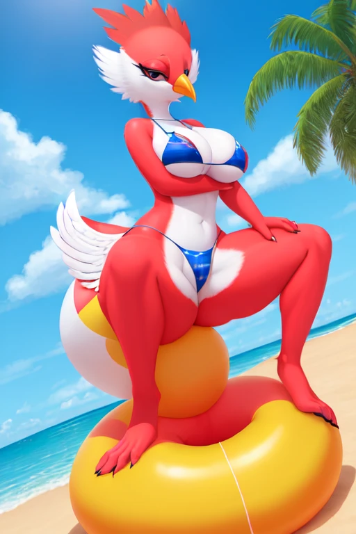 My Official Character. Her named is Serene. She's an anthropomorphic Red Crowned Crane Bird in her favorite red bikini, and she loves Inflatables! Her favorite color is Red, like me! And she loves wearing her Red Bikinis and Red Swimsuits around swimming pools and the beach. She loves inflatable animals, beach balls, and rubber rafts/boats around pools, lakes, rivers, and oceans. Serene really loves giant beach balls of all colors and want to play with other people and birds with her pool toys and floats. She just always in a mood to bounce around on her inflatable bouncy balls. She's always seen sitting on a big beach ball wearing her cute and hot bikini at the beach. Serene is so much fun during the summer months! Serene love Summer, just like me! Someday, Serene will live the dream to join the Feather 6 Bird Girls.