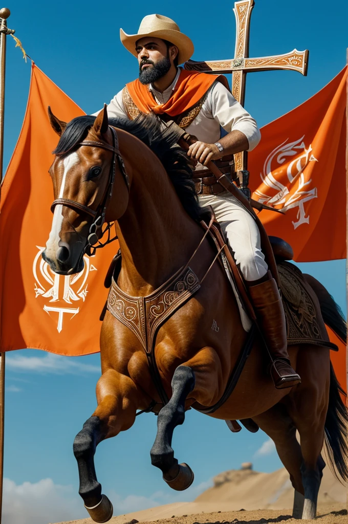 Image of the apostle Santiago with his horse, hat with orange and white feathers,  sword held in the right hand, with banner and the cross of the apostle Santiago as a logo on it,  galloping, very artistic, in high definition 