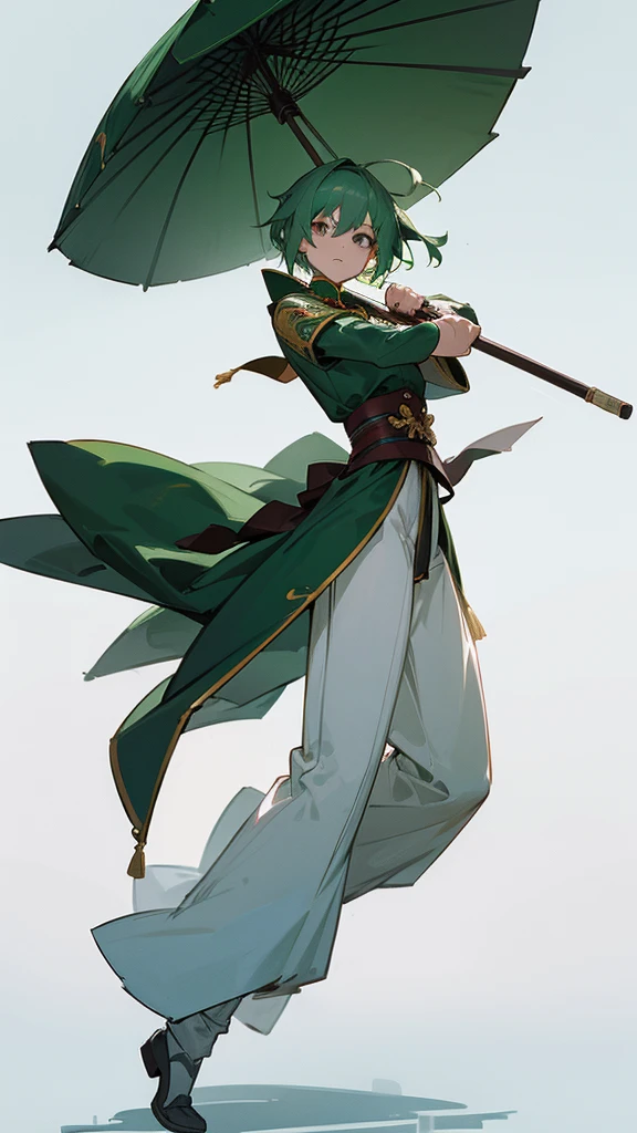 (Artwork, Highest quality, Facial details, Very redundant, Advanced Details, Highest quality, High resolution, 8K) frontを向いている、Green Hair、Her hair is short、small breast、upright stance、full body、Fighter、Uniform、Chinese Knight、Chinese style、White background、Simple Background、 exposure、China dress、pants、band、front、White clothes、Kung Fu、slender