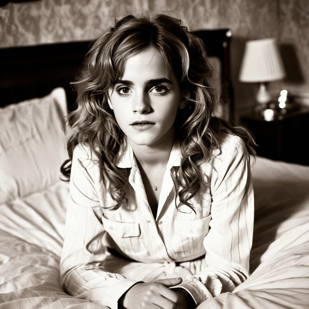 (best quality,ultra-detail,shot by Lomography Lady Grey 400 film:1.2),emma Watson as character Hermione Granger ,detailed beautiful eyes,detailed lips, posing seductively on bed ,long wavy hair in a messy style,soft and dramatic lighting, beautiful legs, sexy student outfit,full view, sepia filter,barefoot