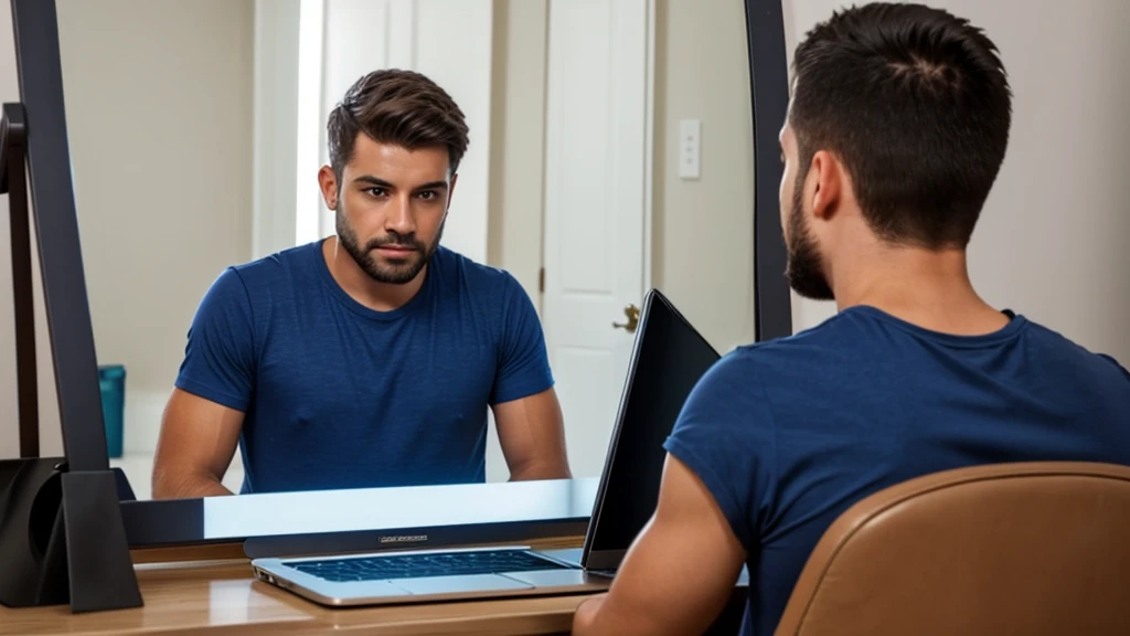 A person sits in front of the laptop and looks at himself in the mirror. He is wearing armor in the mirror and his face is clean. Outside the mirror, he is wearing T-shirt and his face is very sloppy.
