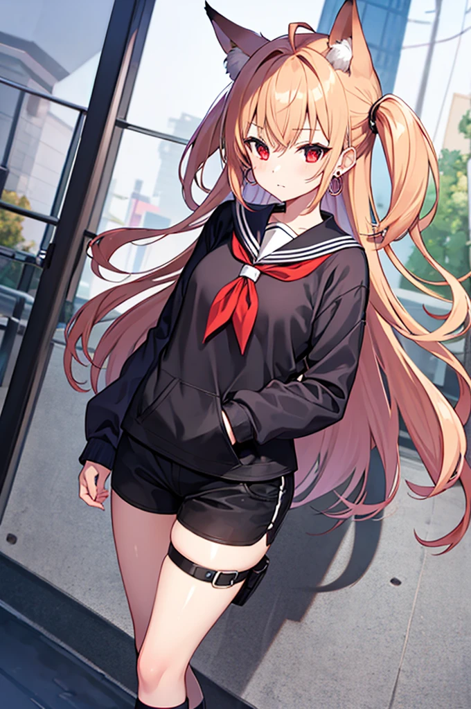 score_9、score_6_up、source_anime BREAK 1 girl、solo、Black Hair、Black Shirt、Black shorts、Striped Hair、Sleeveless、Red eyes、Red neckerchief、Thigh straps、Single knee socks、Ahoge、Earrings、Fox's Tail、Wicked Smile、Japanese Town、night