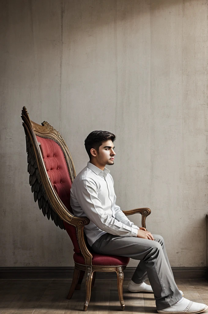 Create realistic image A 21 year old boy is sitting on a king chair with white wings and behind him the color of the wall is gray on which “PAKHRIN” is written in curve style