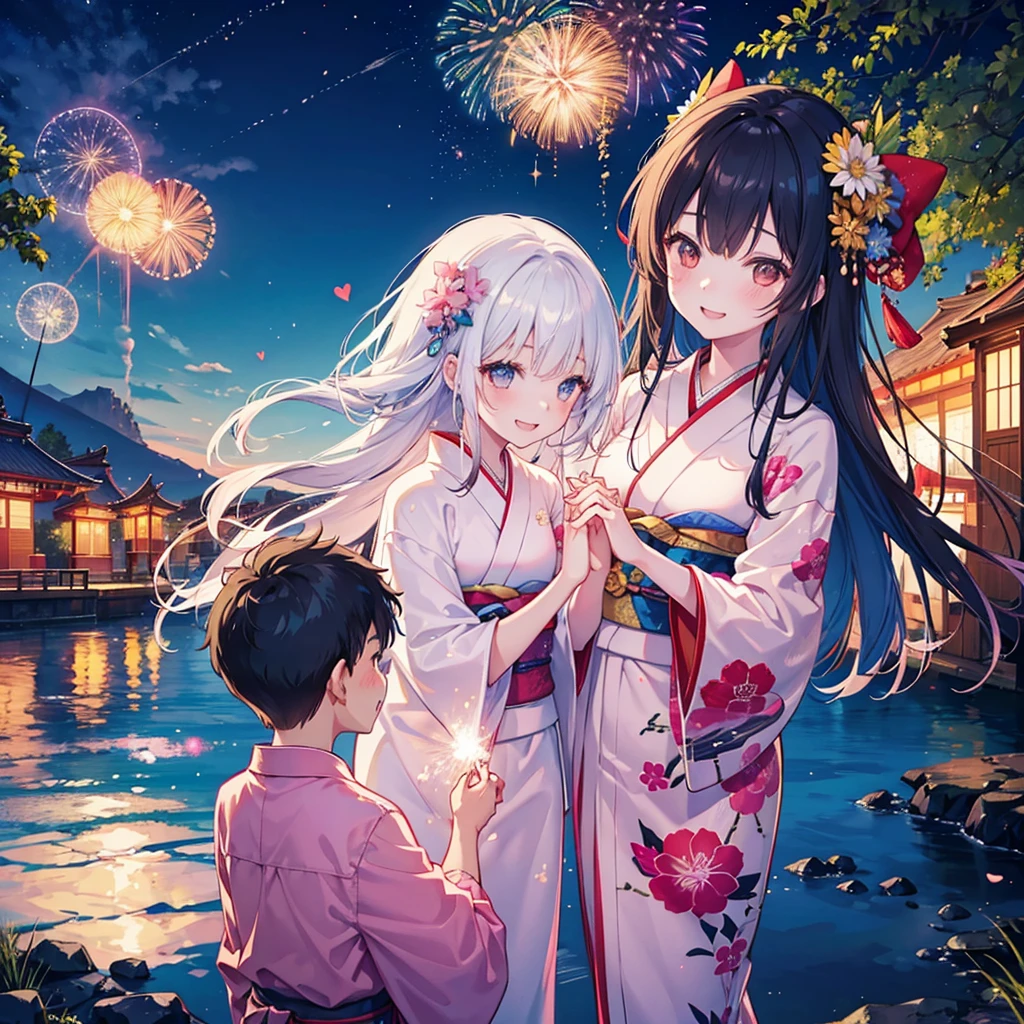 Couple,(Boy 1:Girl 1)Lovely,smile,Fleeting,romantic,atmosphere,landscape,The girl is wearing a kimono,Holding hands,Beautiful fireworks in the night sky,Lots of fireworks,summer祭り,summer,Festivals,youth,Heart-pounding