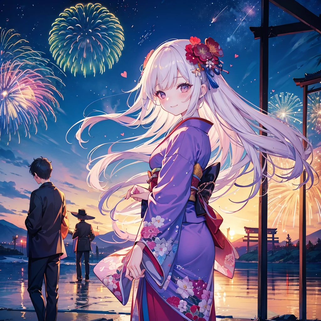 Couple,(Boy 1:Girl 1)Lovely,smile,Fleeting,romantic,atmosphere,landscape,The girl is wearing a kimono,Holding hands,Beautiful fireworks in the night sky,Lots of fireworks,summer祭り,summer,Festivals,youth,Heart-pounding