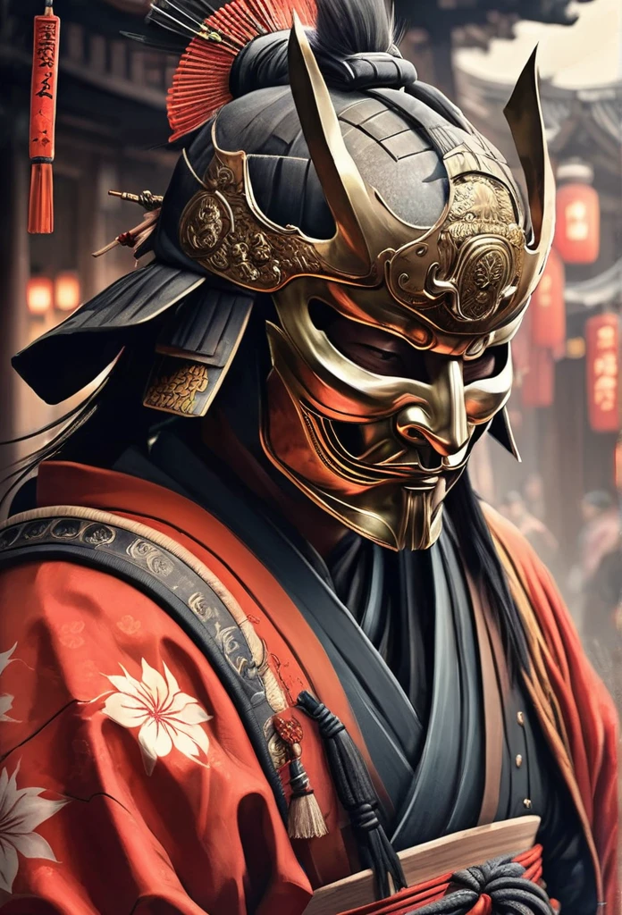 A Japanese warrior ronin with magnificent mask in portrait, the atmosphere is heavy and sad. It's very detailed and in the atmosphere of the old quarter of the time
